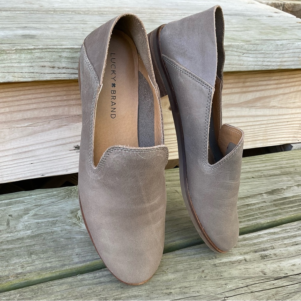 Lucky Brand Leather Loafers Slip On Taupe Driftwood Almond Toe Size 8 Cahill